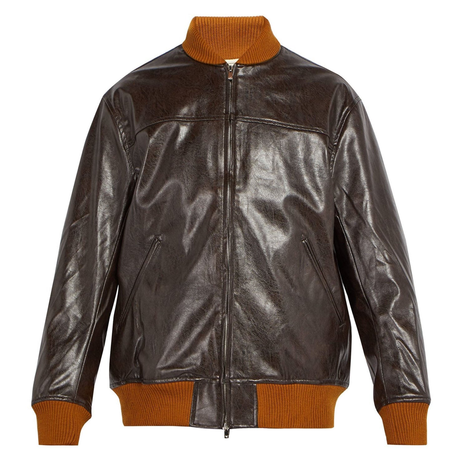 Worn styled look showing the brown leather bomber jacket with aviator bomber style