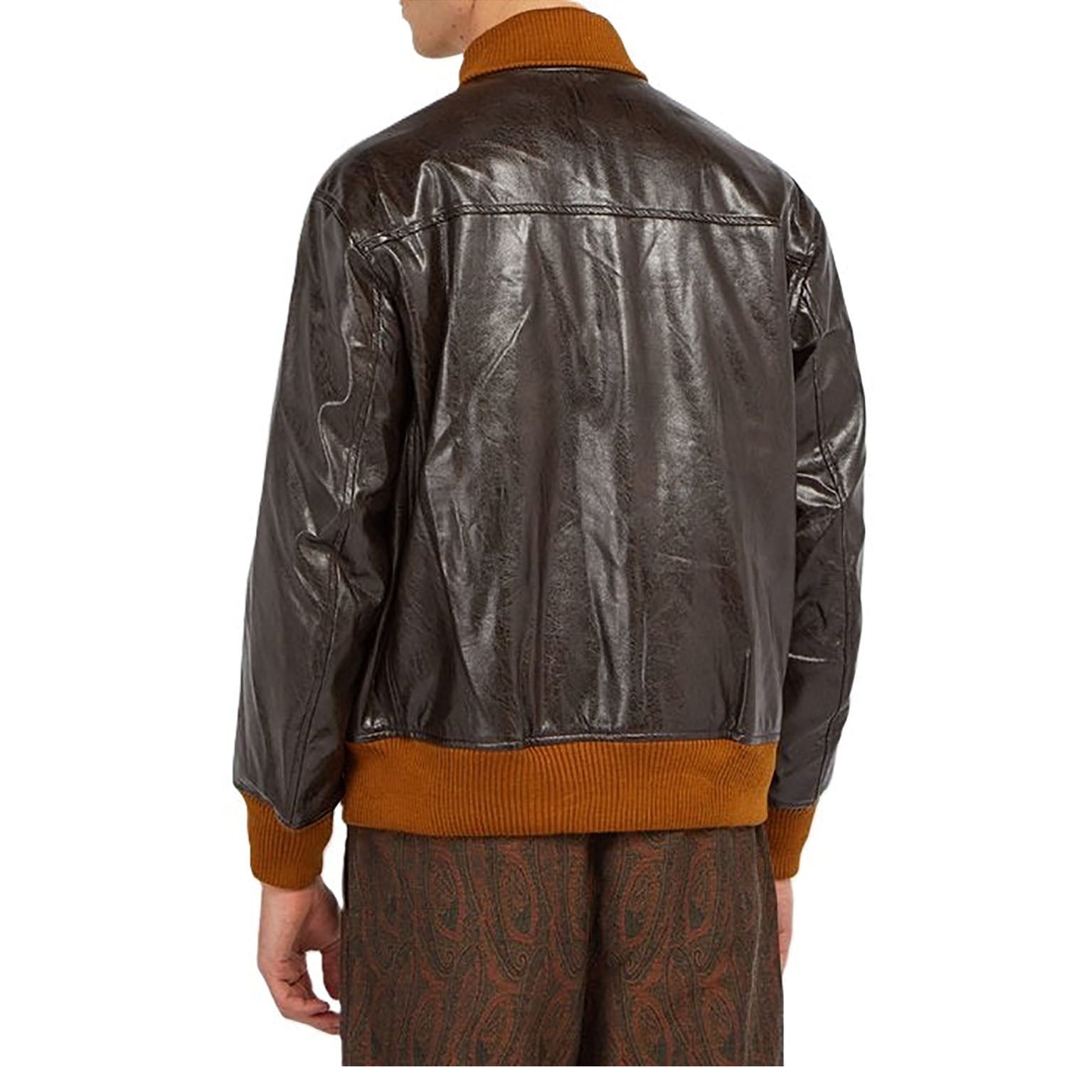Full display showing the brown leather bomber jacket with aviator bomber style