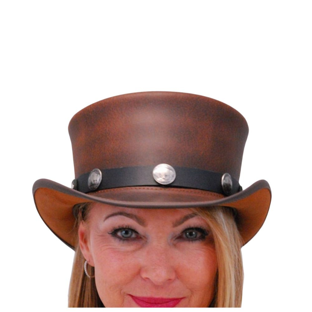 Brown top hat with a black band and silver buttons on a white background