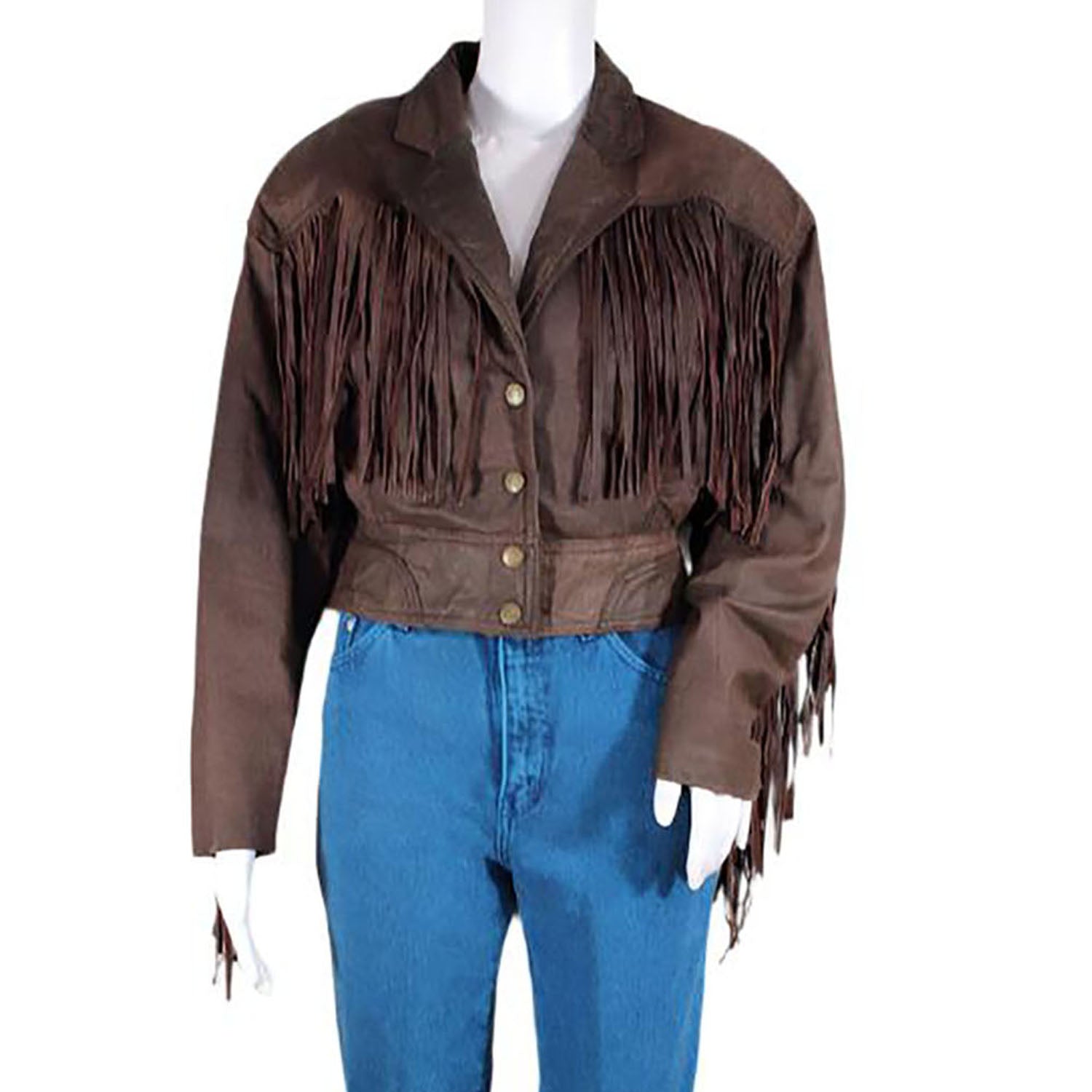 Brown Leather Fringe Jacket Short Body For Women front view
