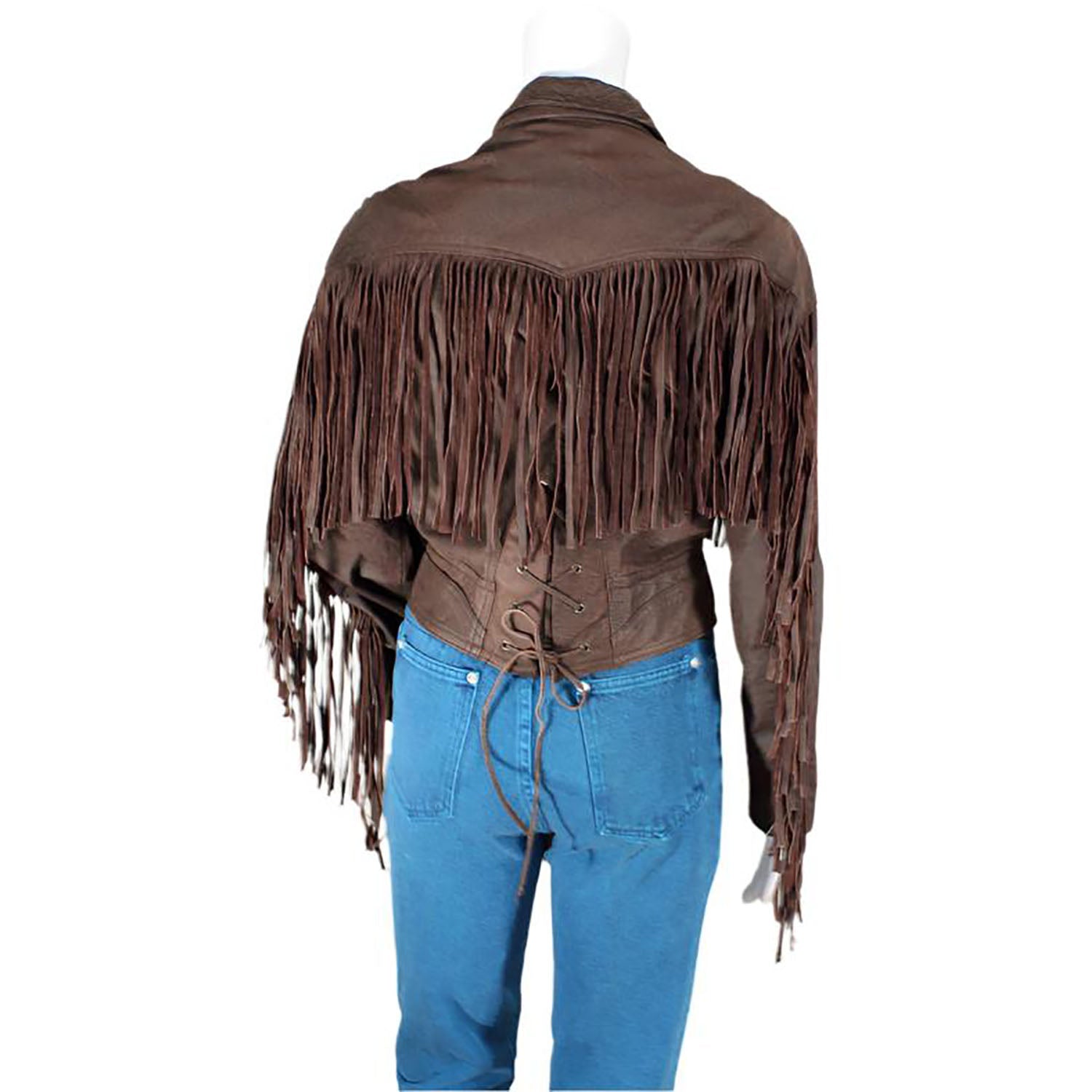 Brown Leather Fringe Jacket Short Body For Women side view