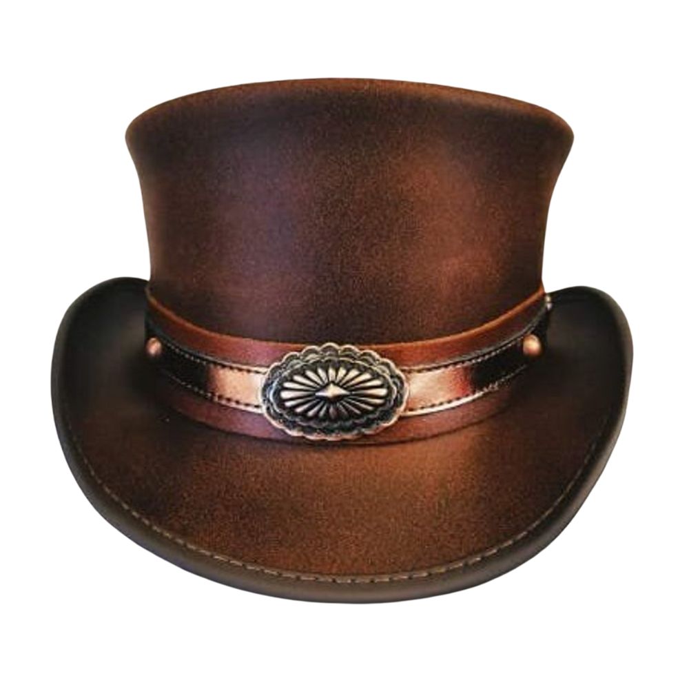 Brown leather top hat with decorative band and buckle on a white background