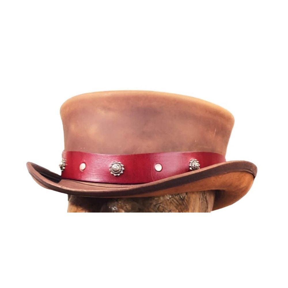 Brown Leather Top Hat with Red Conchos