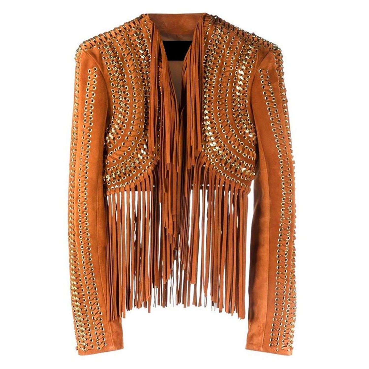 Brown Real Leather Long Fringe Silver Chains Crop Jacket For Women close-up detail