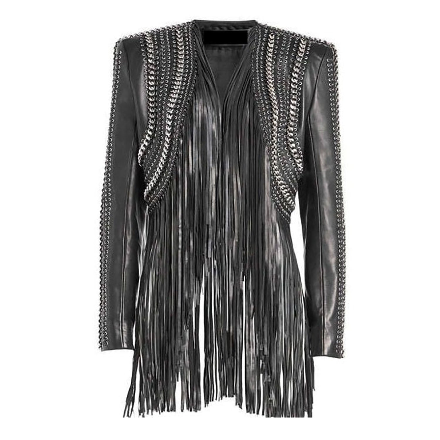 Brown Real Leather Long Fringe Silver Chains Crop Jacket For Women front view