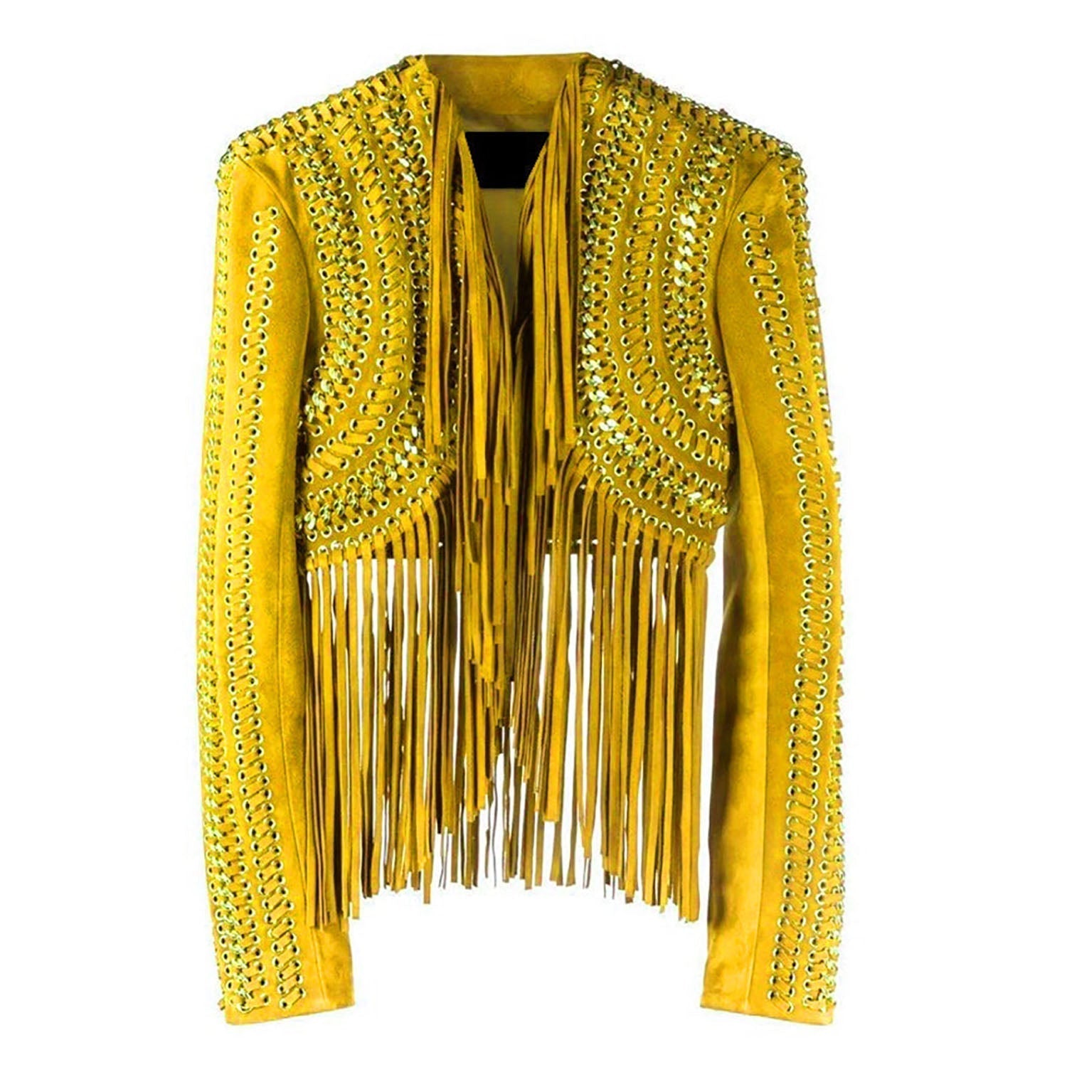 Brown Real Leather Long Fringe Silver Chains Crop Jacket For Women side view
