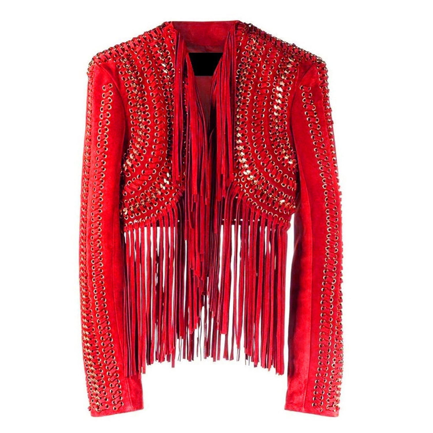 Brown Real Leather Long Fringe Silver Chains Crop Jacket For Women back view
