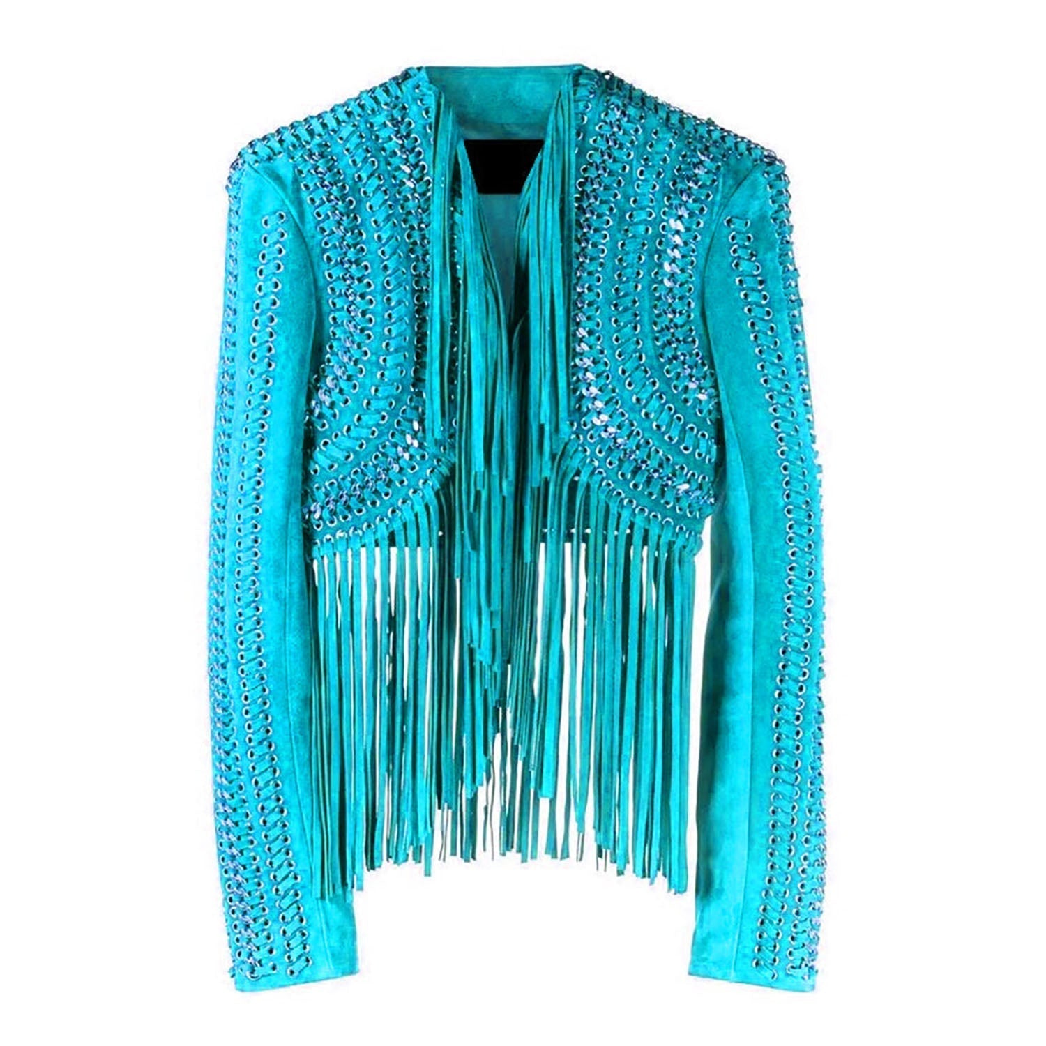 Brown Real Leather Long Fringe Silver Chains Crop Jacket For Women styled look