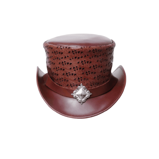 Brown top hat with decorative band and gemstone on a white background