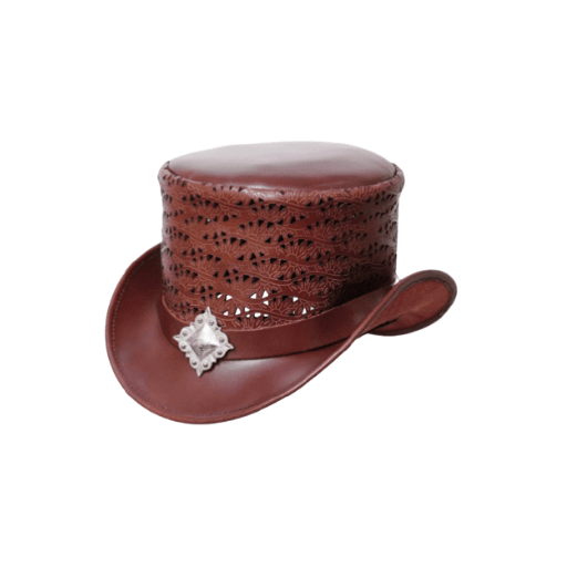 Brown leather hat with decorative band on a white background
