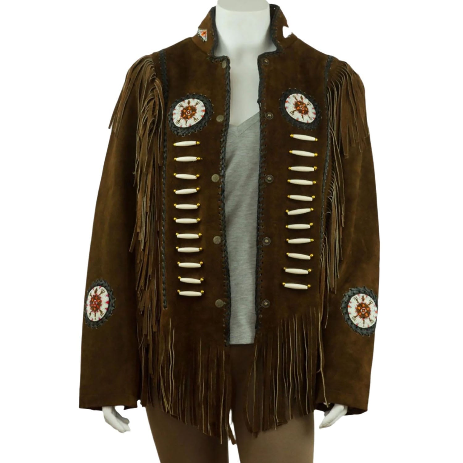 Brown Suede Leather Fringe Beaded Jacket For Women front view