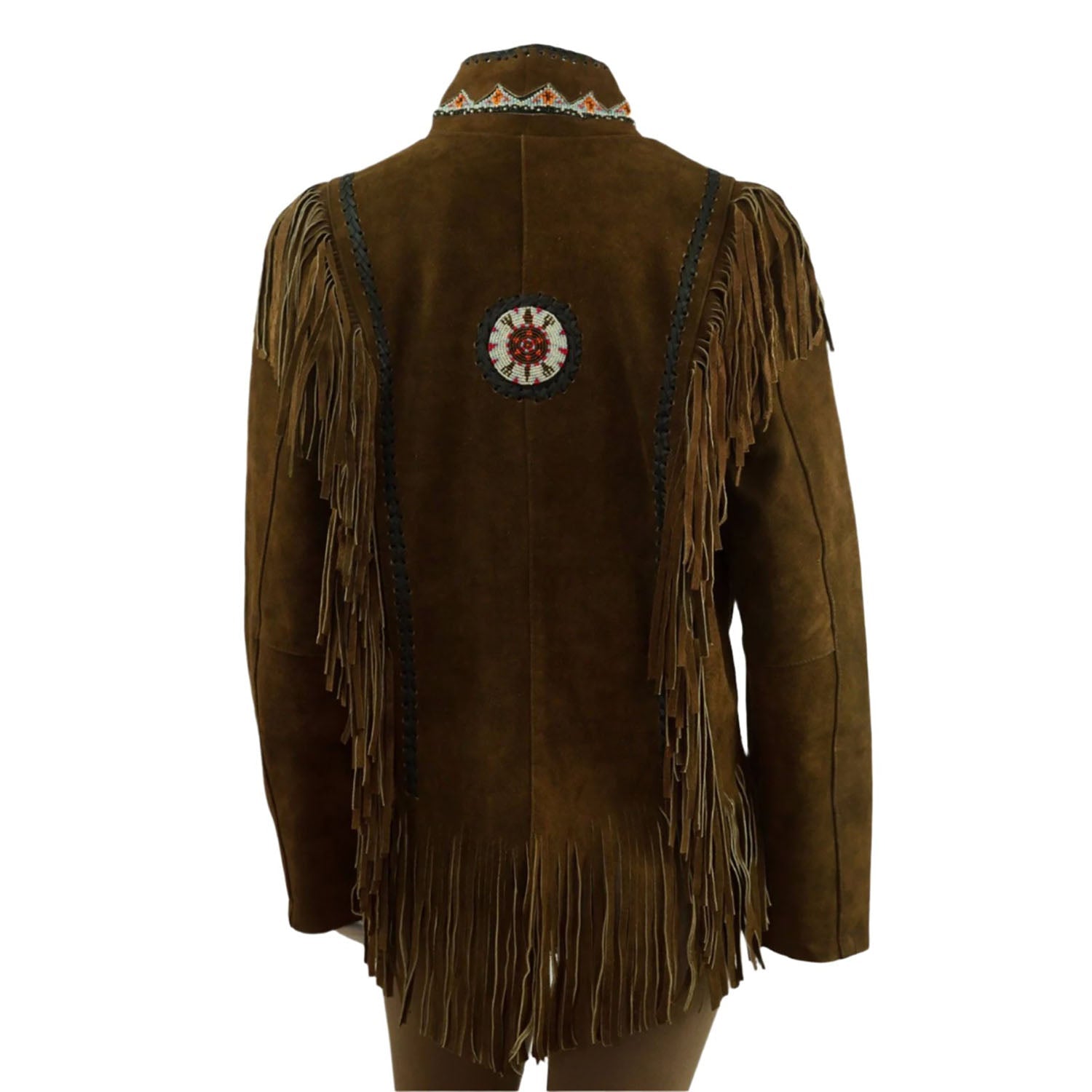Brown Suede Leather Fringe Beaded Jacket For Women side view