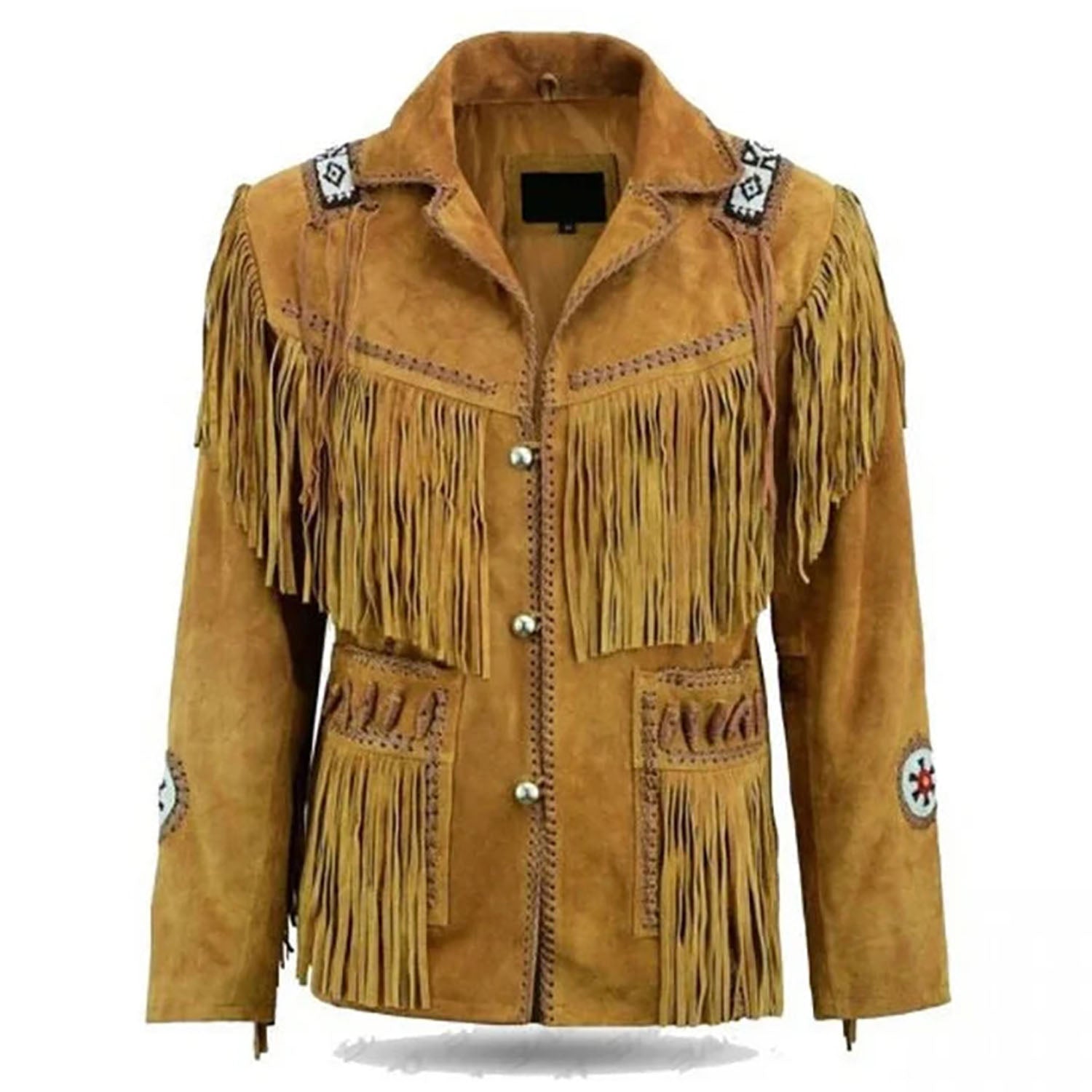 Brown Suede Leather Fringe Beaded Jacket For Women front view