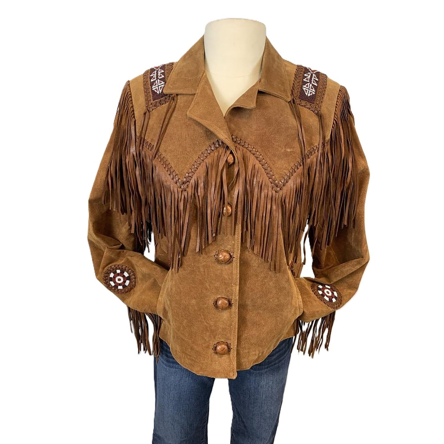 Brown Suede Leather Fringe Beaded Jacket For Women front view