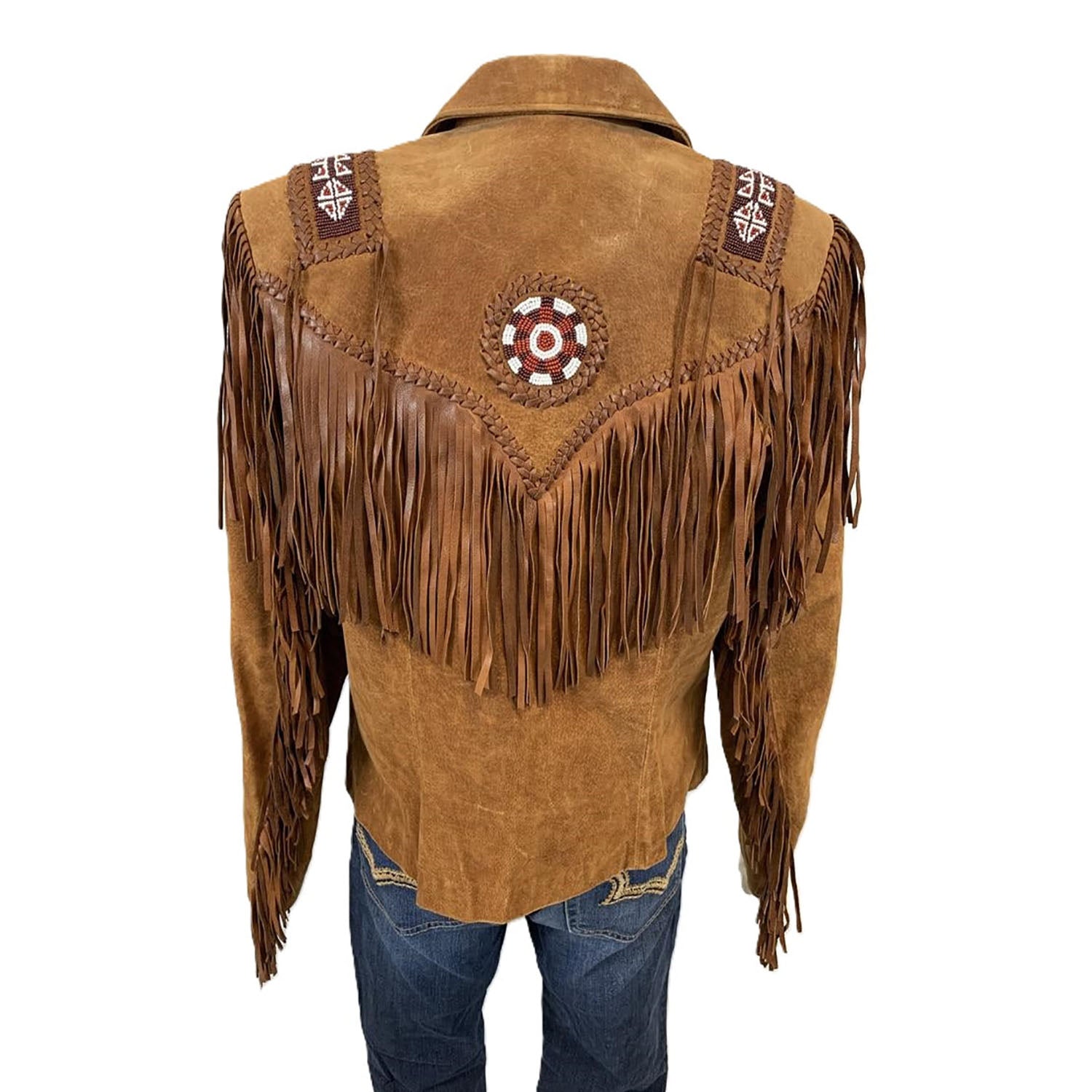 Brown Suede Leather Fringe Beaded Jacket For Women side view
