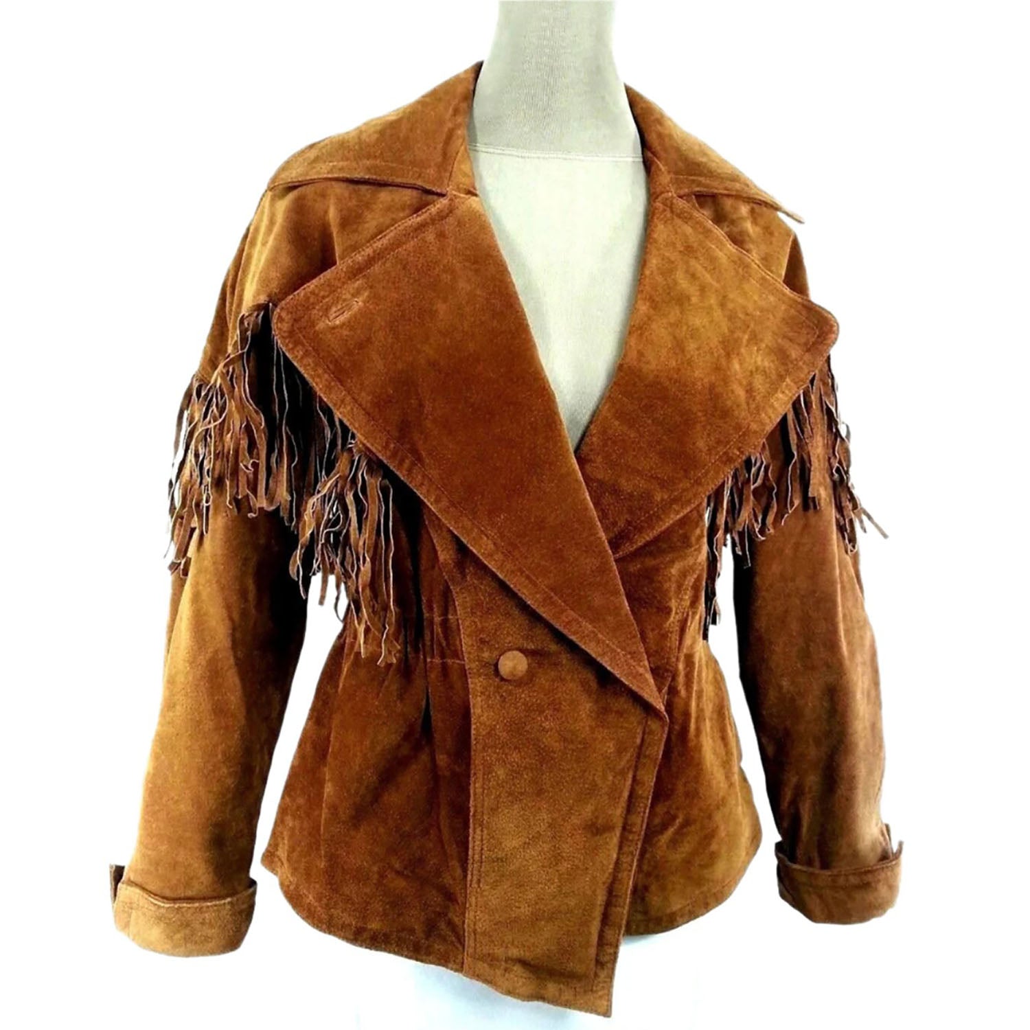 Brown Suede Leather Fringe Jacket For Women front view