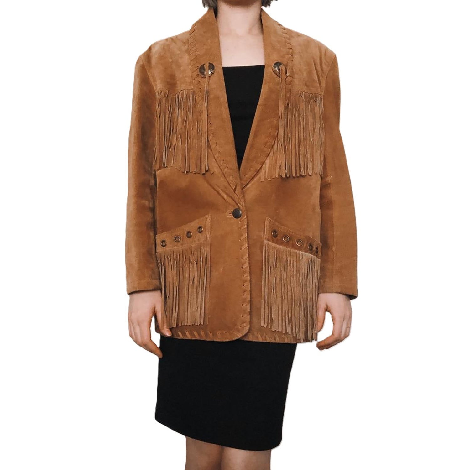Brown Suede Leather Fringe Jacket For Women front view