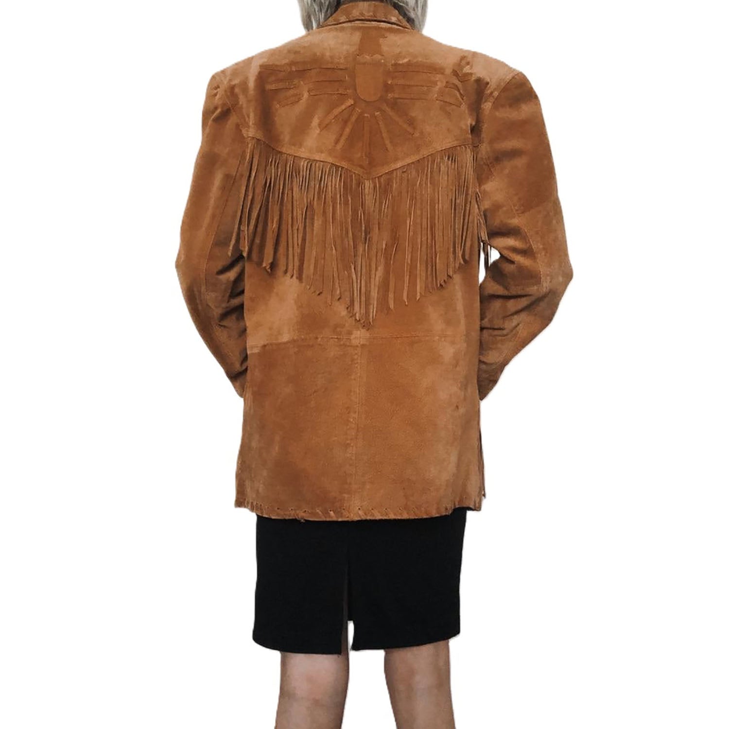 Brown Suede Leather Fringe Jacket For Women side view