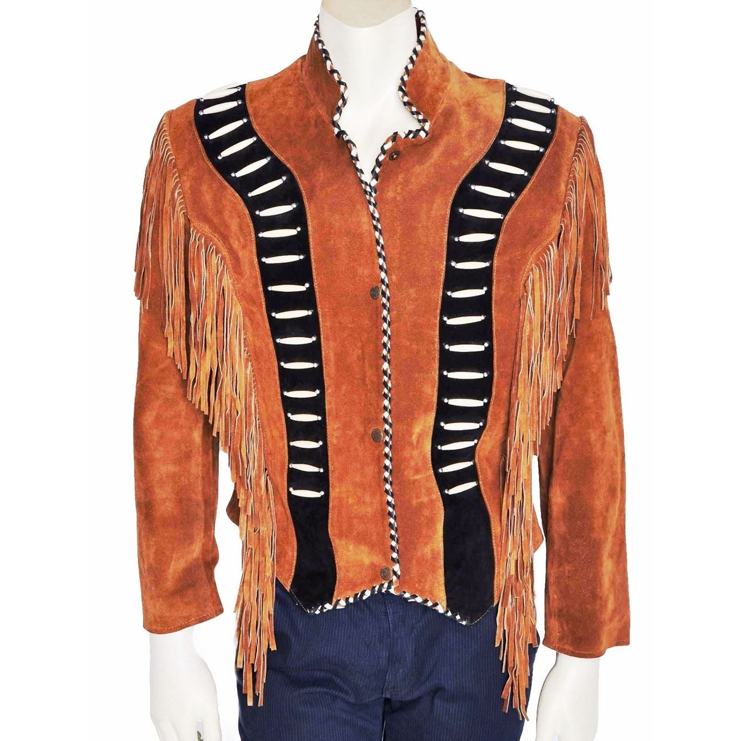 Brown Suede Leather Fringes Bone Jacket For Women front view