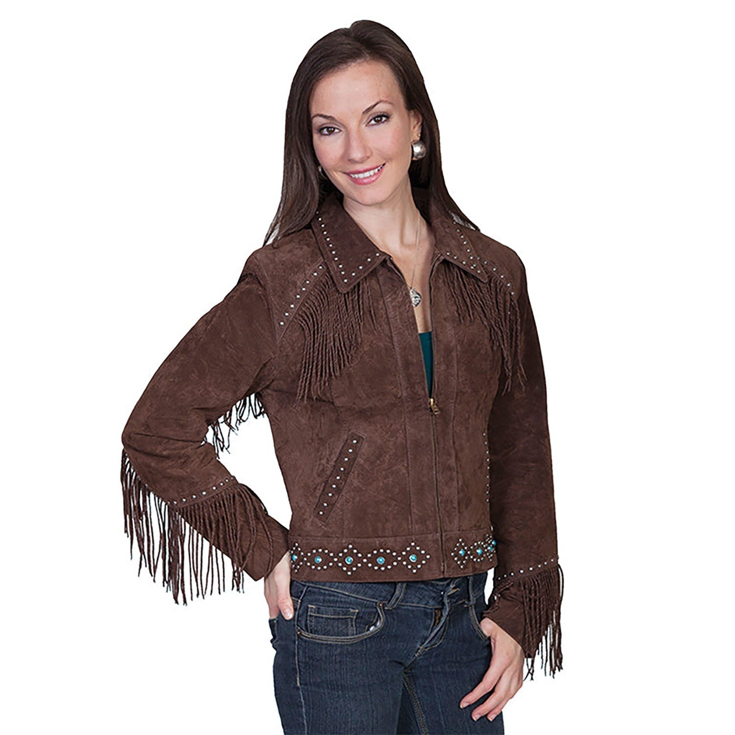 Brown Suede Leather Fringes Jacket For Women front view