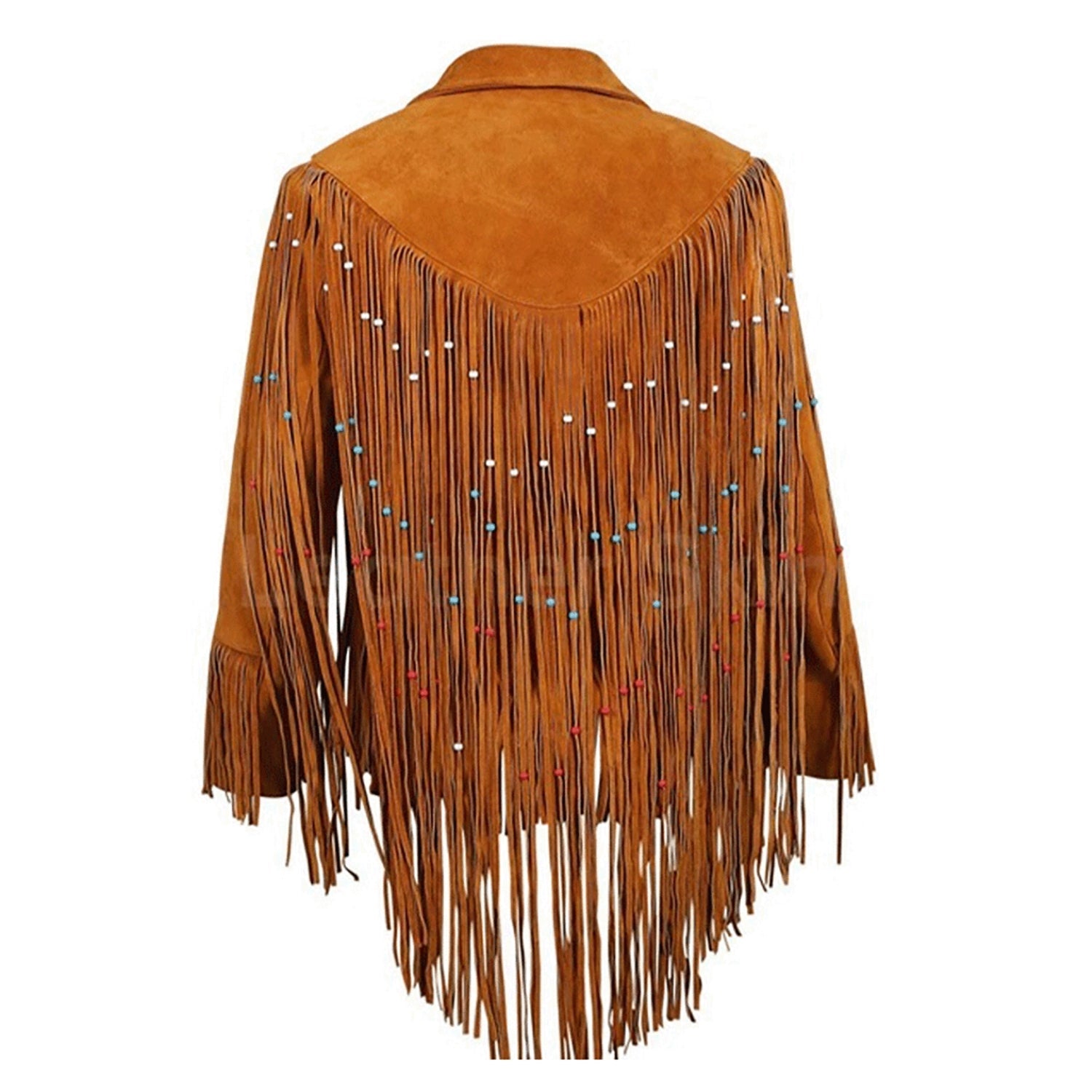Brown Suede Leather Long Beaded Fringes Jacket For Women side view