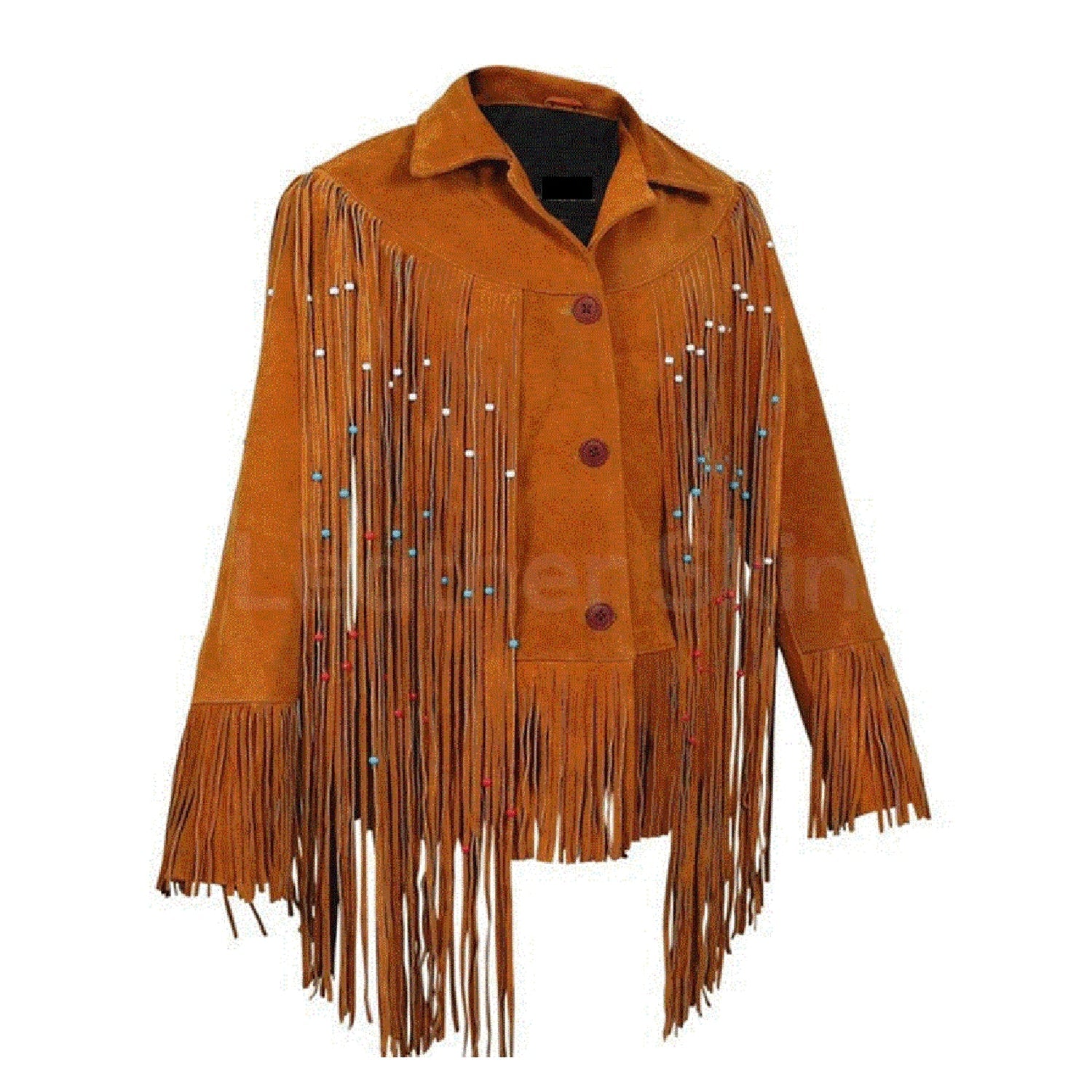 Brown Suede Leather Long Beaded Fringes Jacket For Women front view