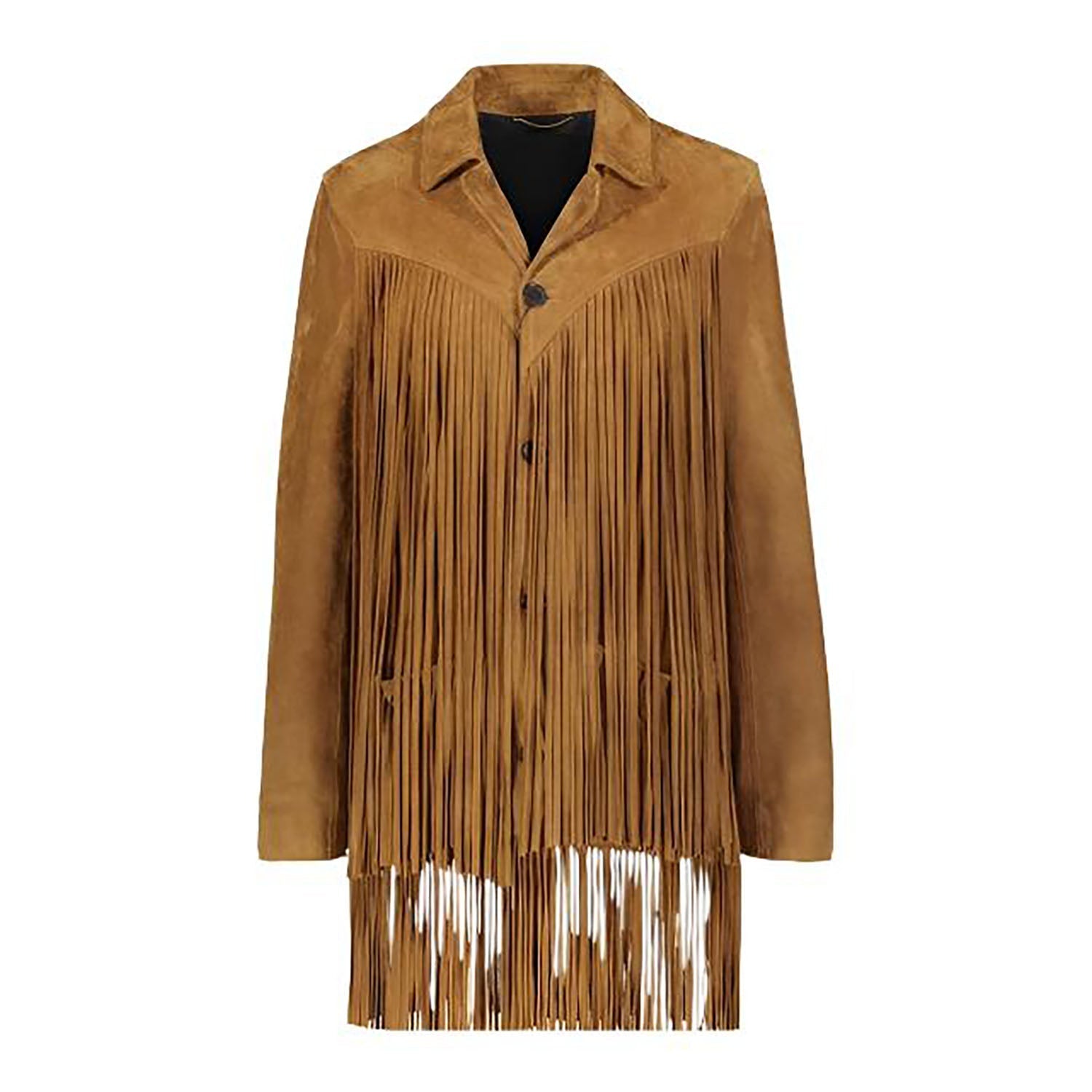 Brown Suede Leather Long Fringe Jacket Coat For Women front view