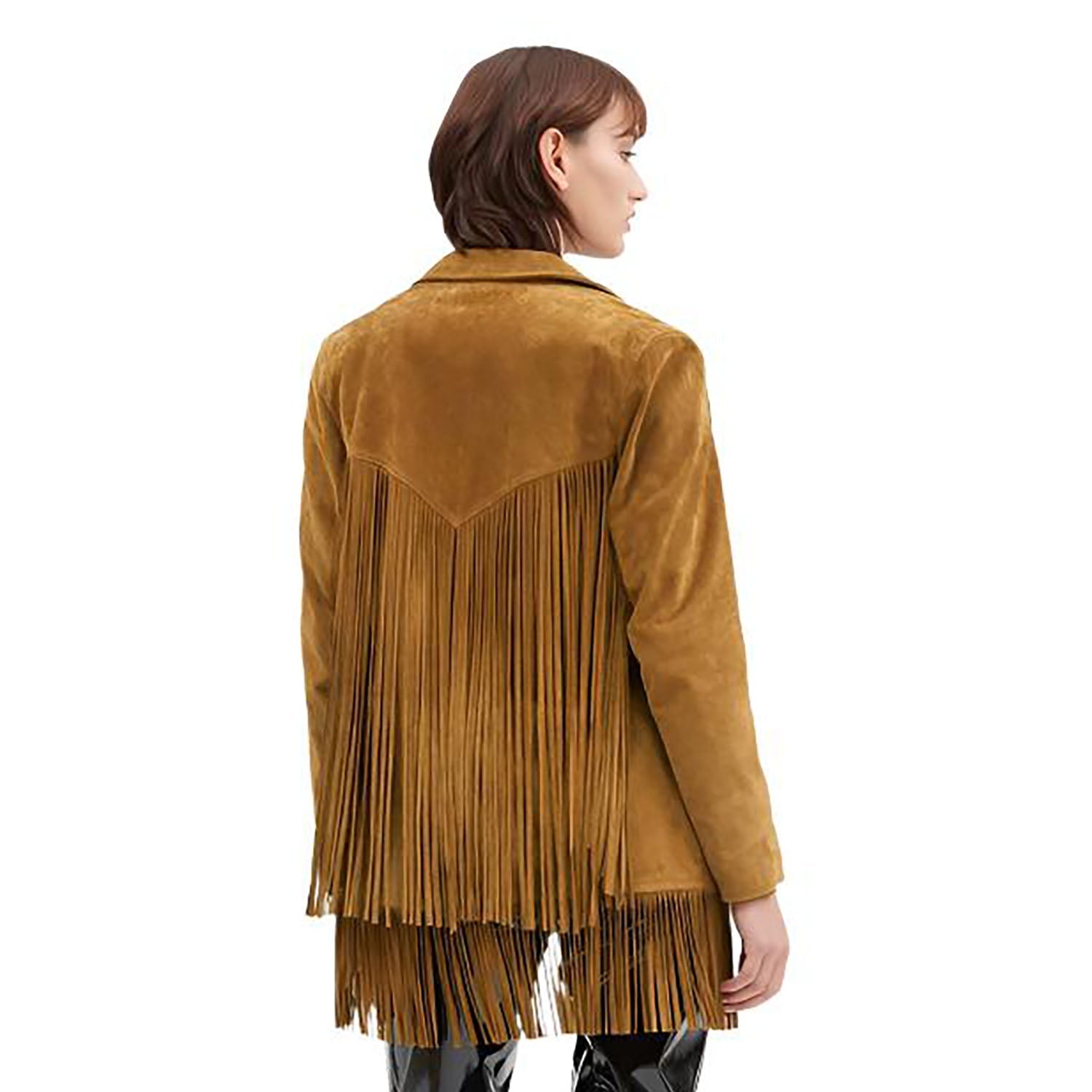 Brown Suede Leather Long Fringe Jacket Coat For Women side view