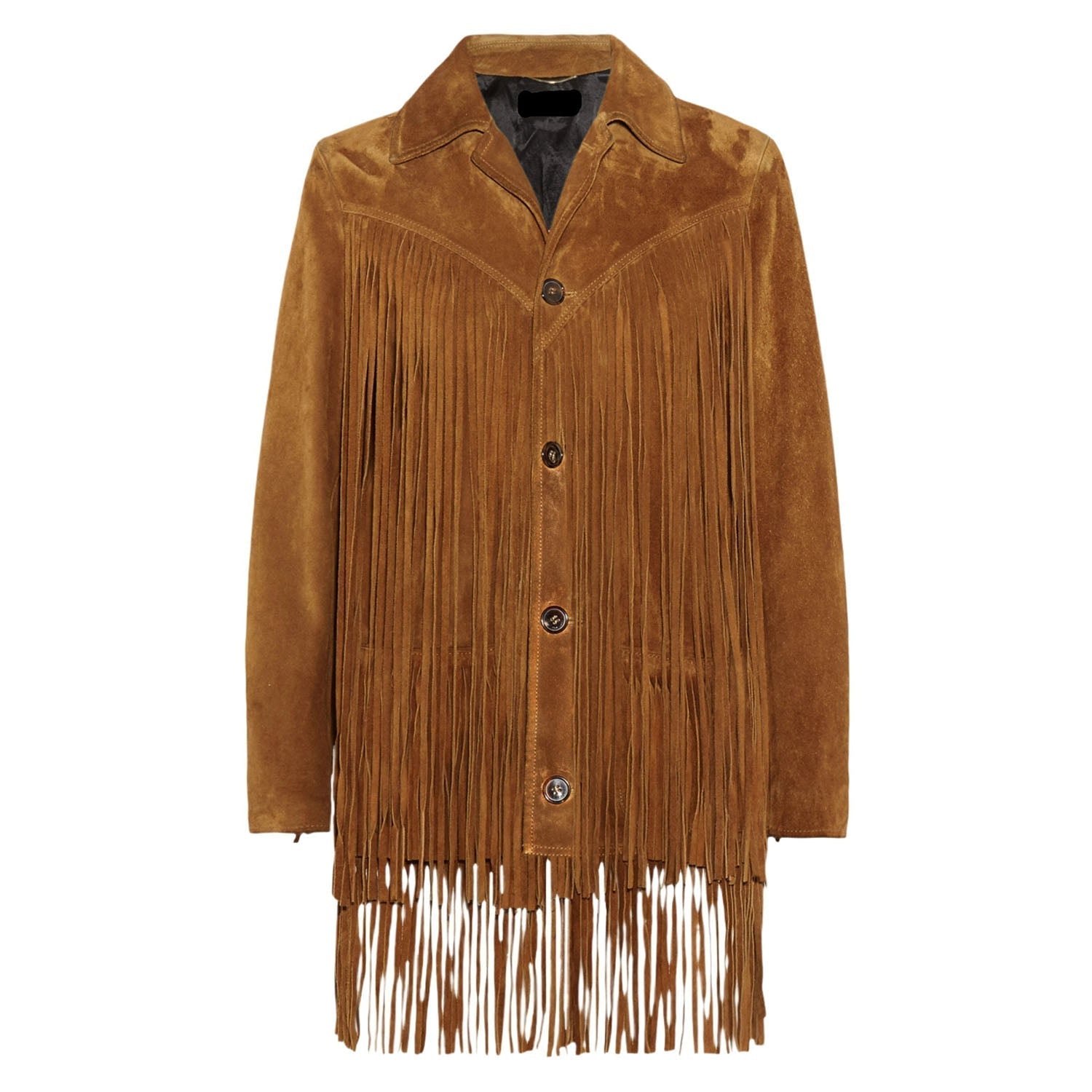 Brown Suede Leather Long Fringe Jacket For Women front view
