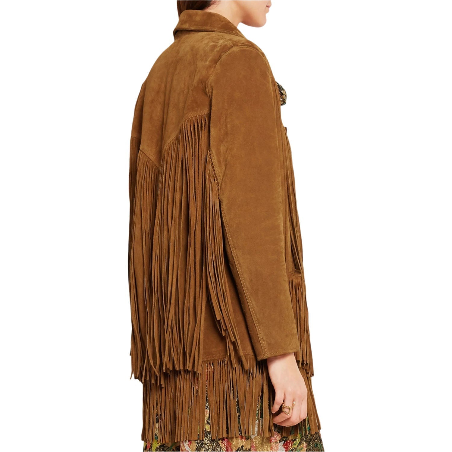 Brown Suede Leather Long Fringe Jacket For Women side view