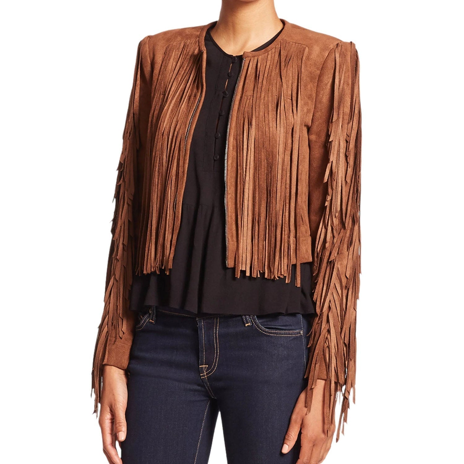 Brown Suede Leather Long Fringe Jacket For Women front view