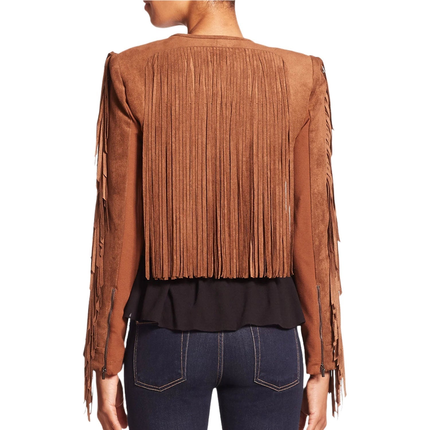 Brown Suede Leather Long Fringe Jacket For Women side view