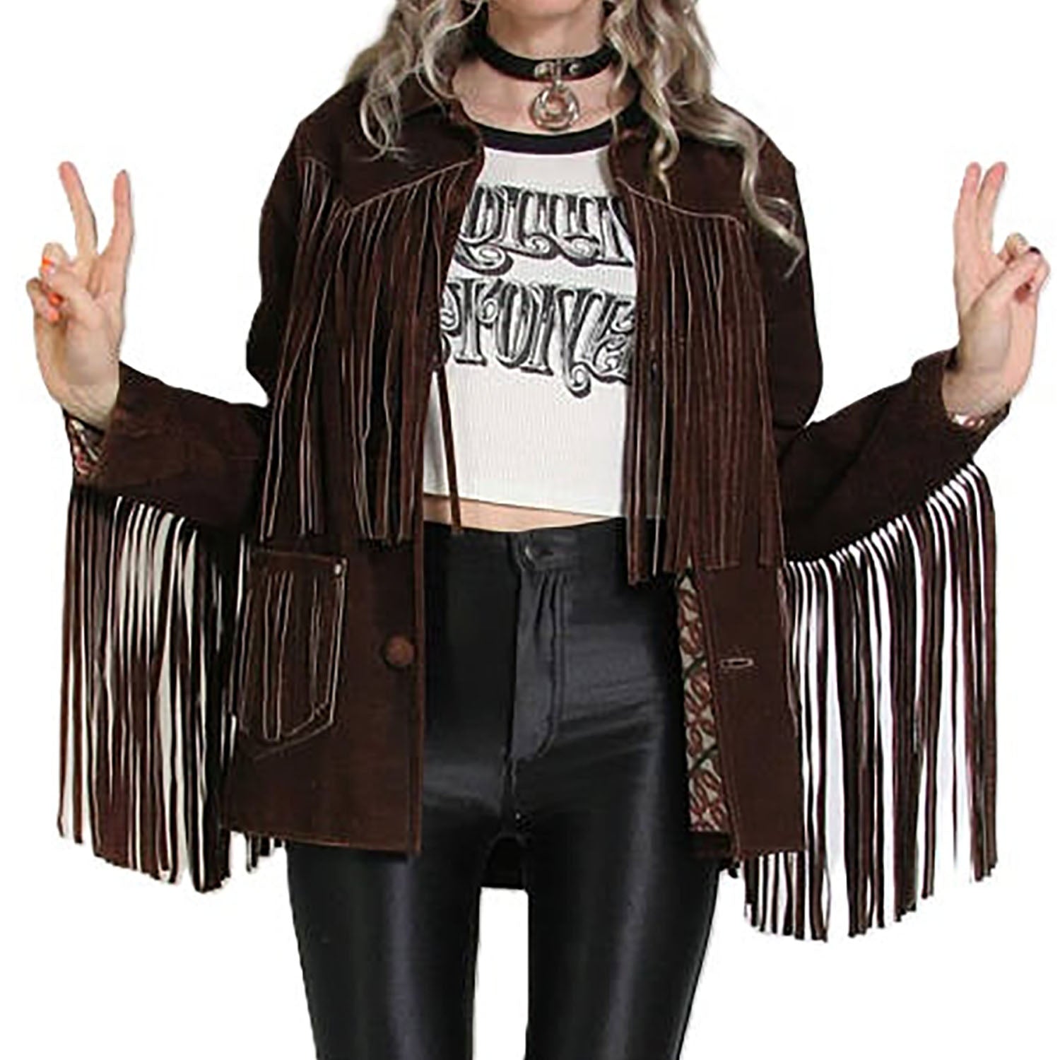 Brown Suede Leather Long Fringes Jacket For Women back view