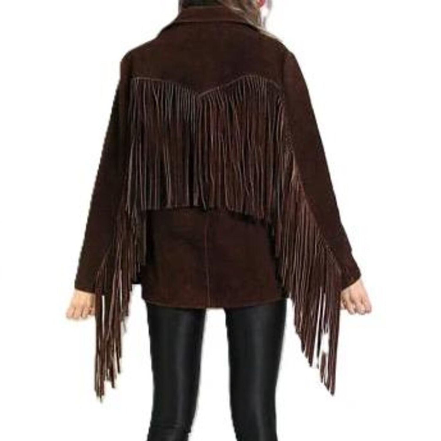 Brown Suede Leather Long Fringes Jacket For Women side view