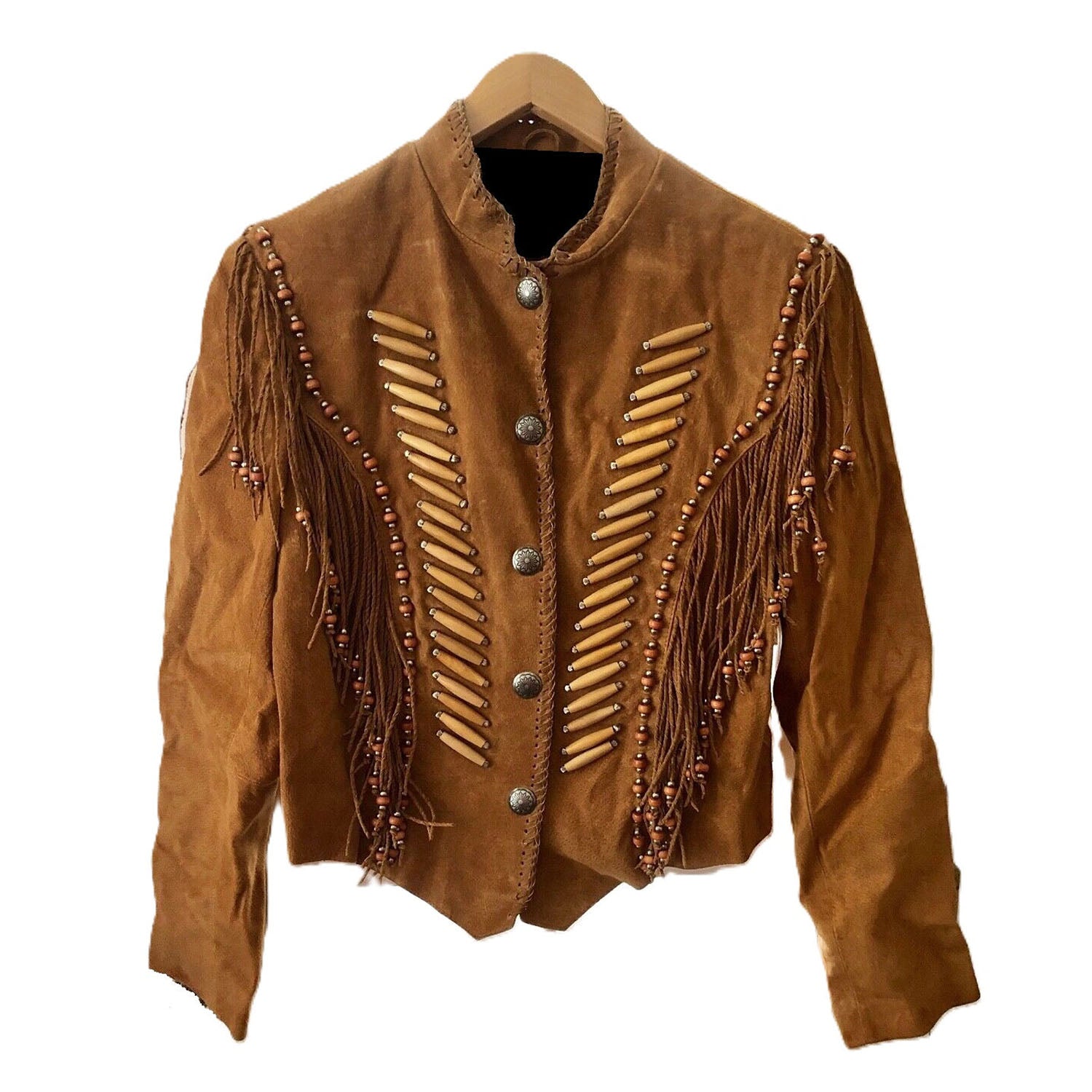 Brown Suede Leather Twisted Fringes Beaded Jacket Cowgirl front view