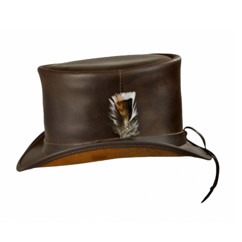 Brown leather Victorian top hat, handcrafted.
