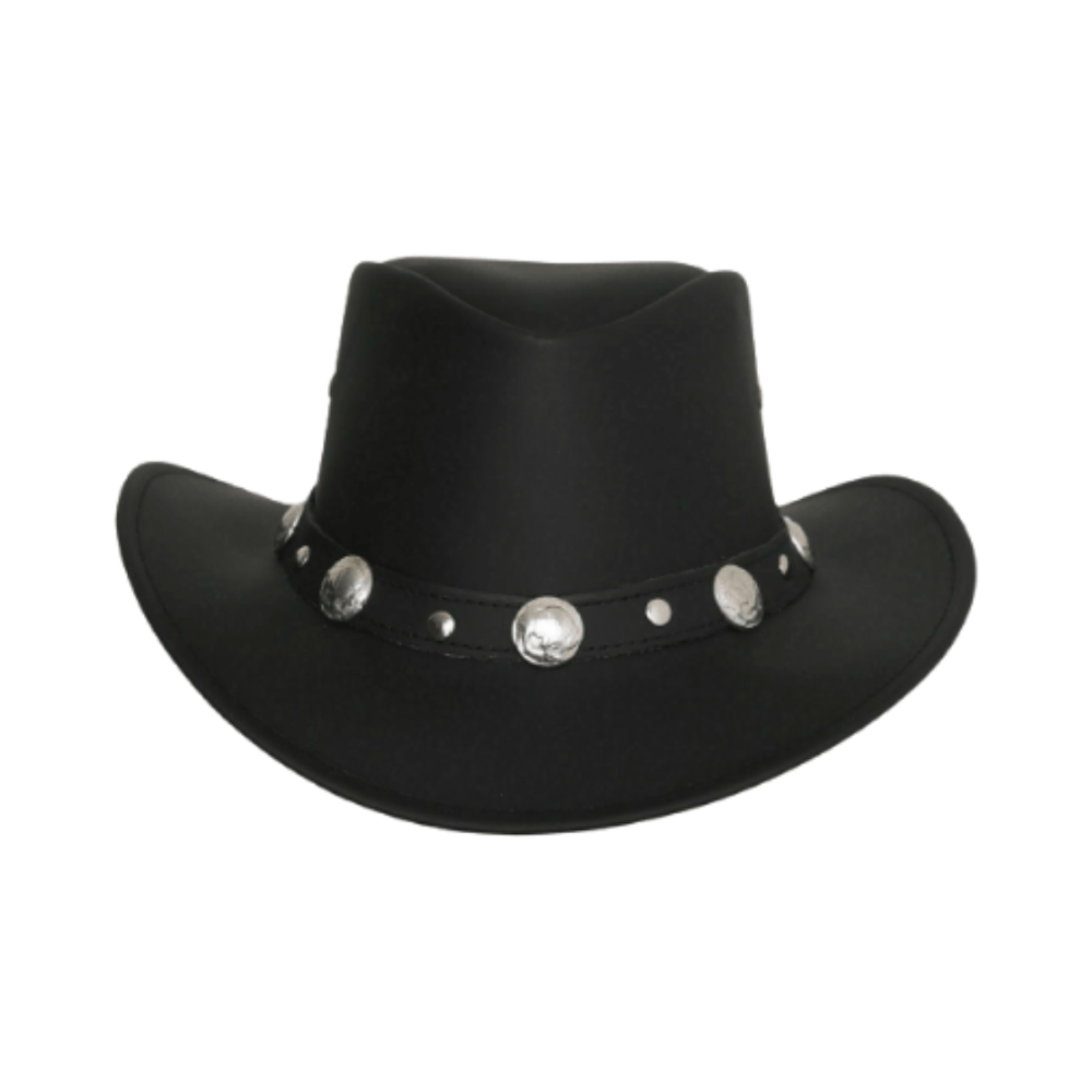 Black cowboy hat with silver embellishments on a white background