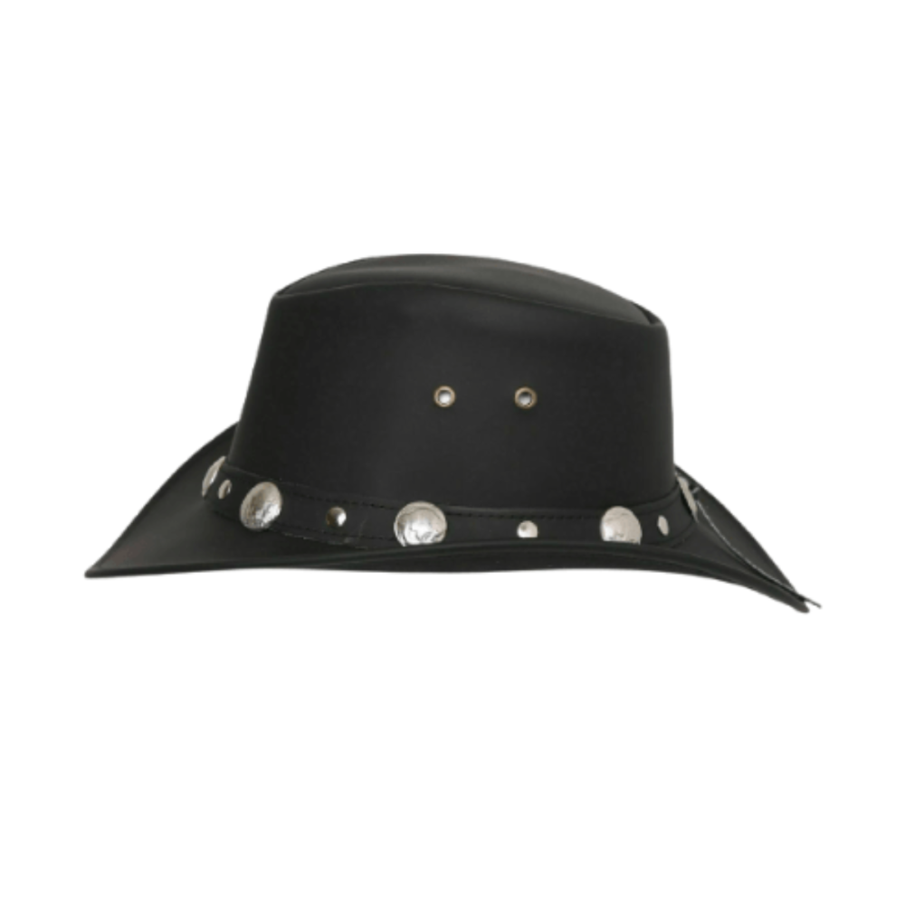 Black hat with pearl-like embellishments on a white background