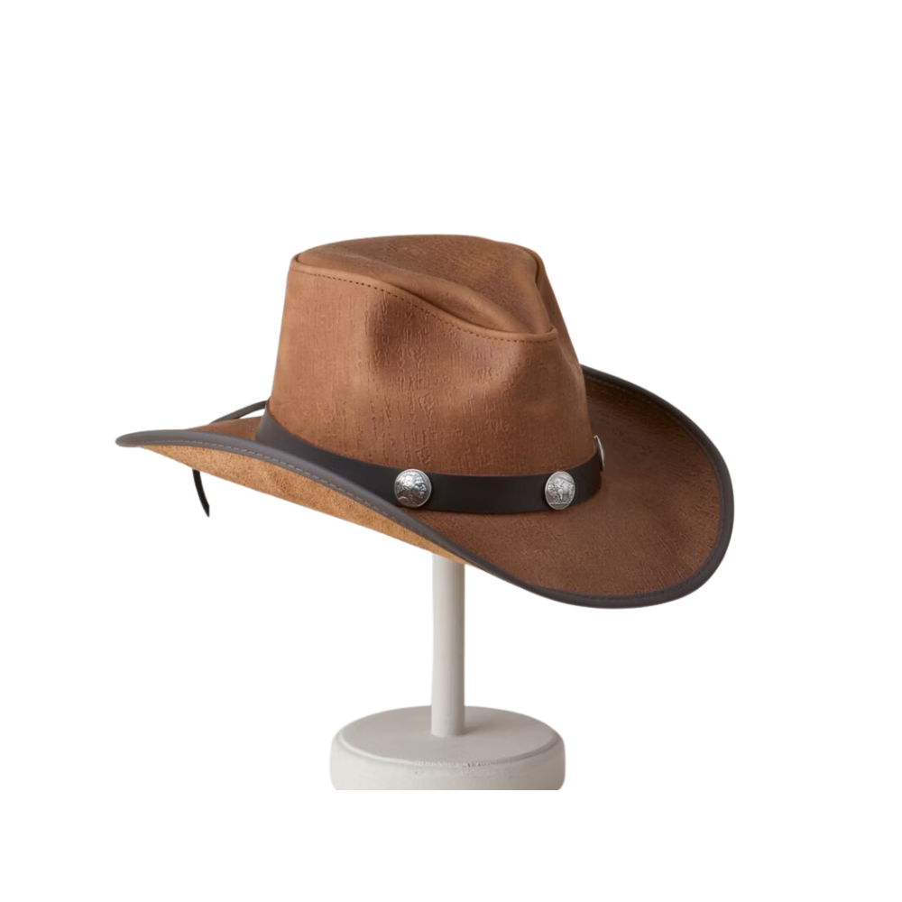 Brown cowboy hat with a black band featuring silver studs on a white background