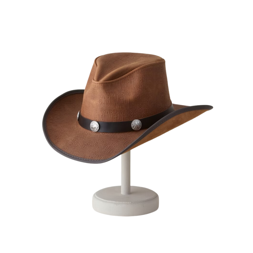 Brown cowboy hat on a white stand with a white background