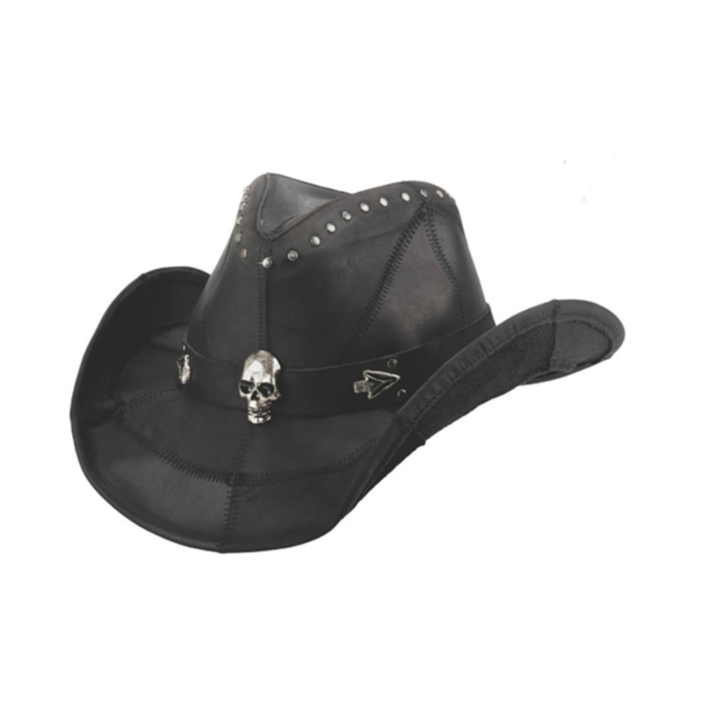 Black cowboy hat with skull design on a white background
