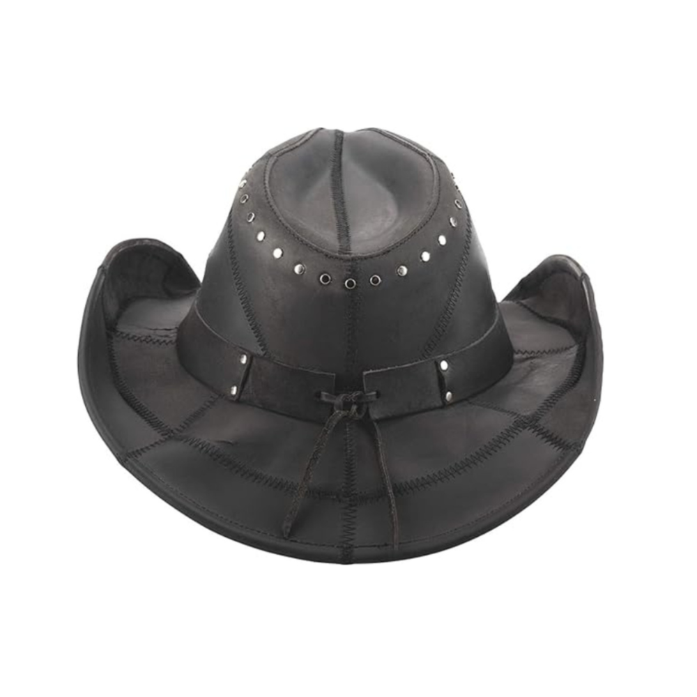 Black leather cowboy hat with studded details on a white background