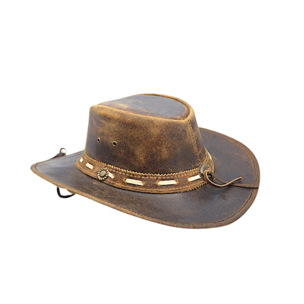 Brown leather hat with a wide brim on a white background