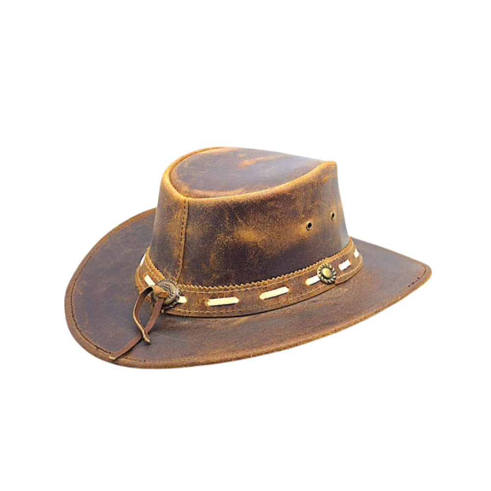 Brown leather hat with decorative band on a white background