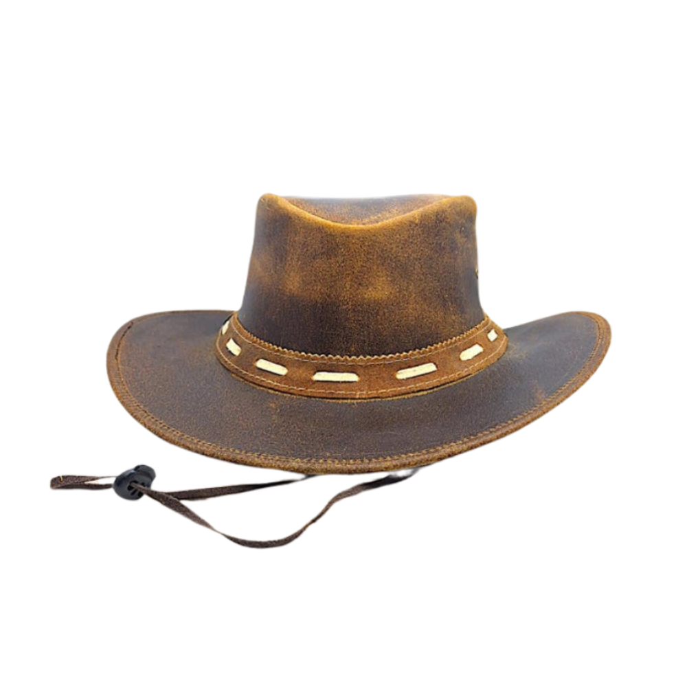 Brown leather hat with a strap on a white background