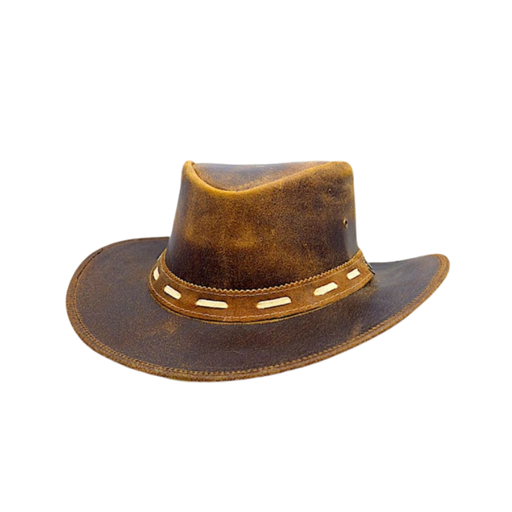 Brown leather hat with decorative band on a white background