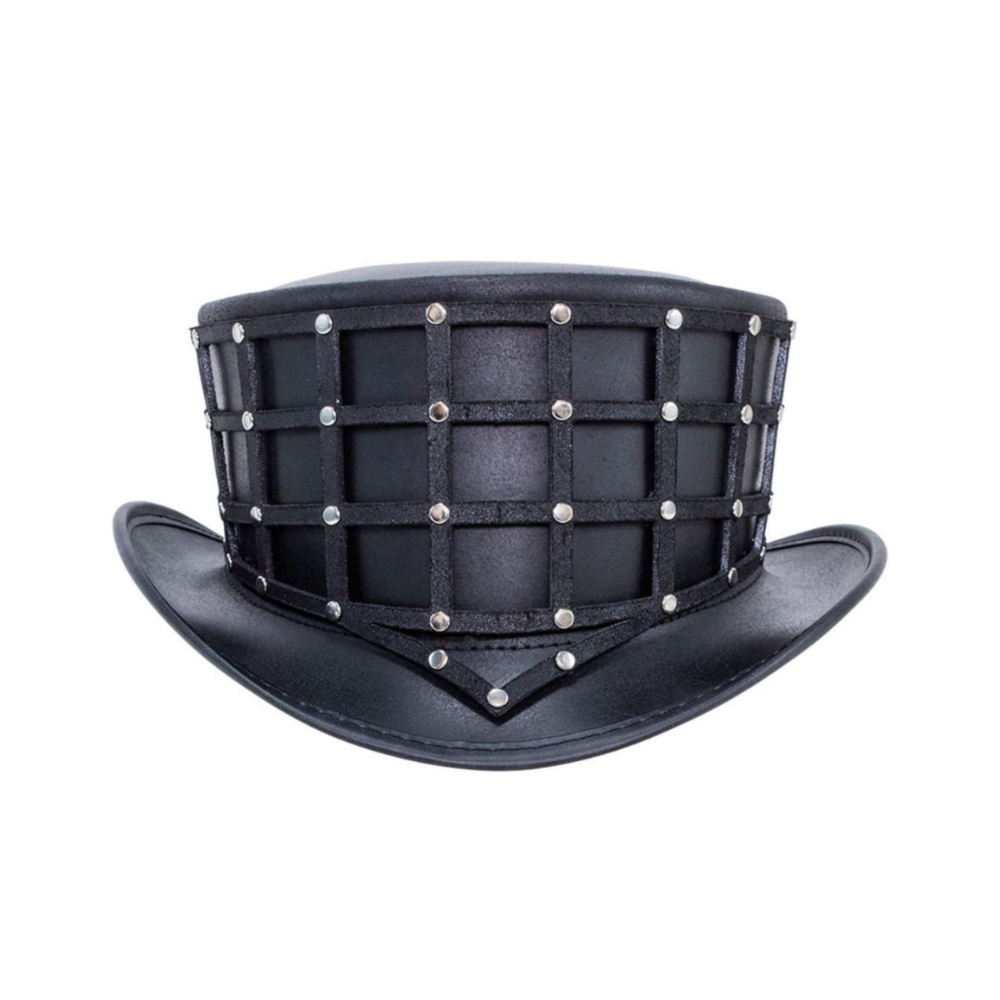 Black top hat with grid design and studs on a white background