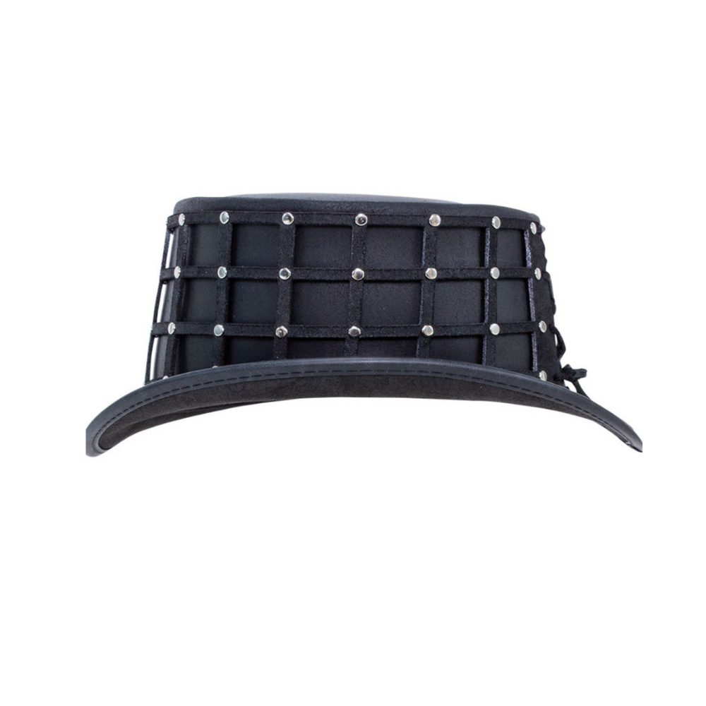 Black hat with metal accents on a white background