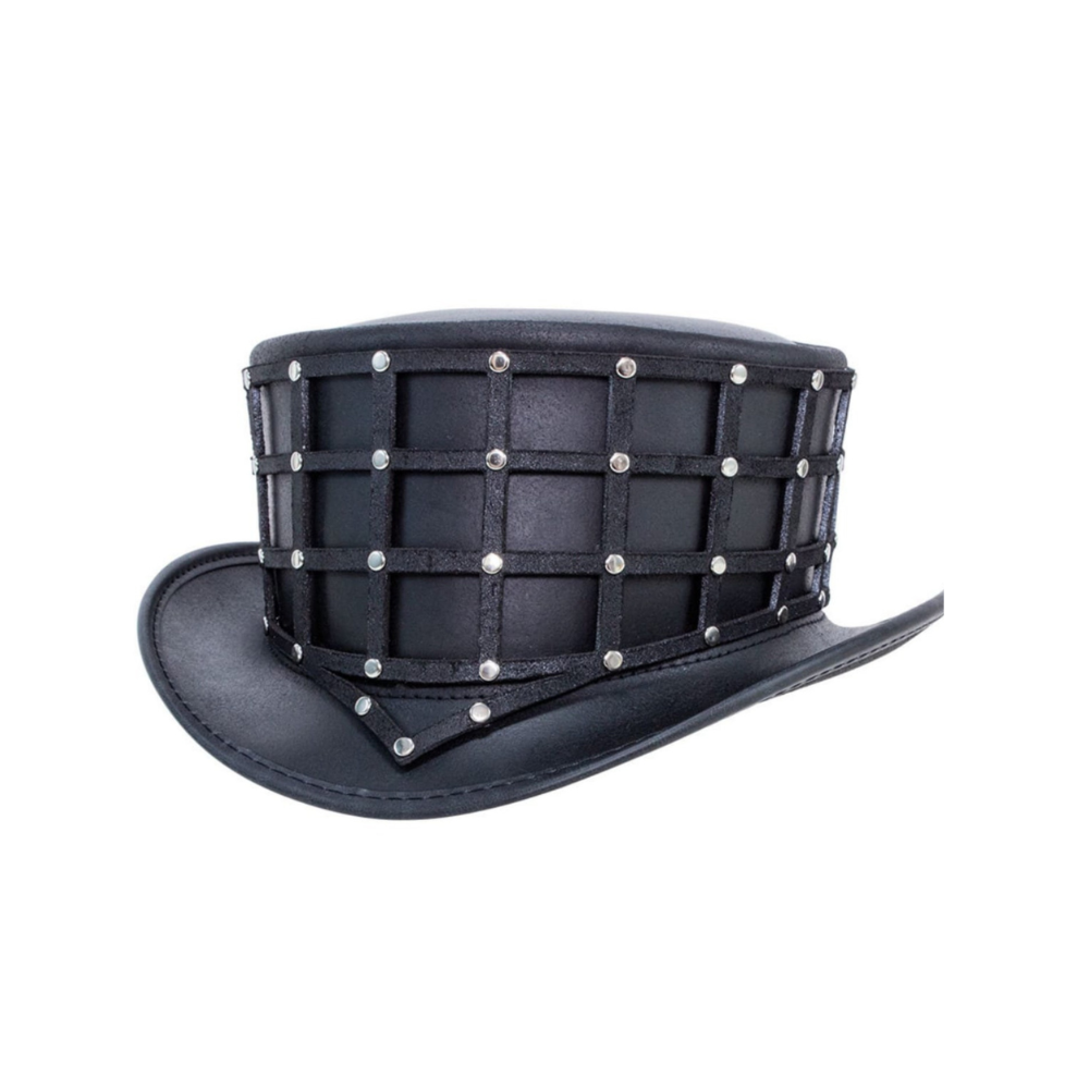 Black top hat with silver studs on a white background