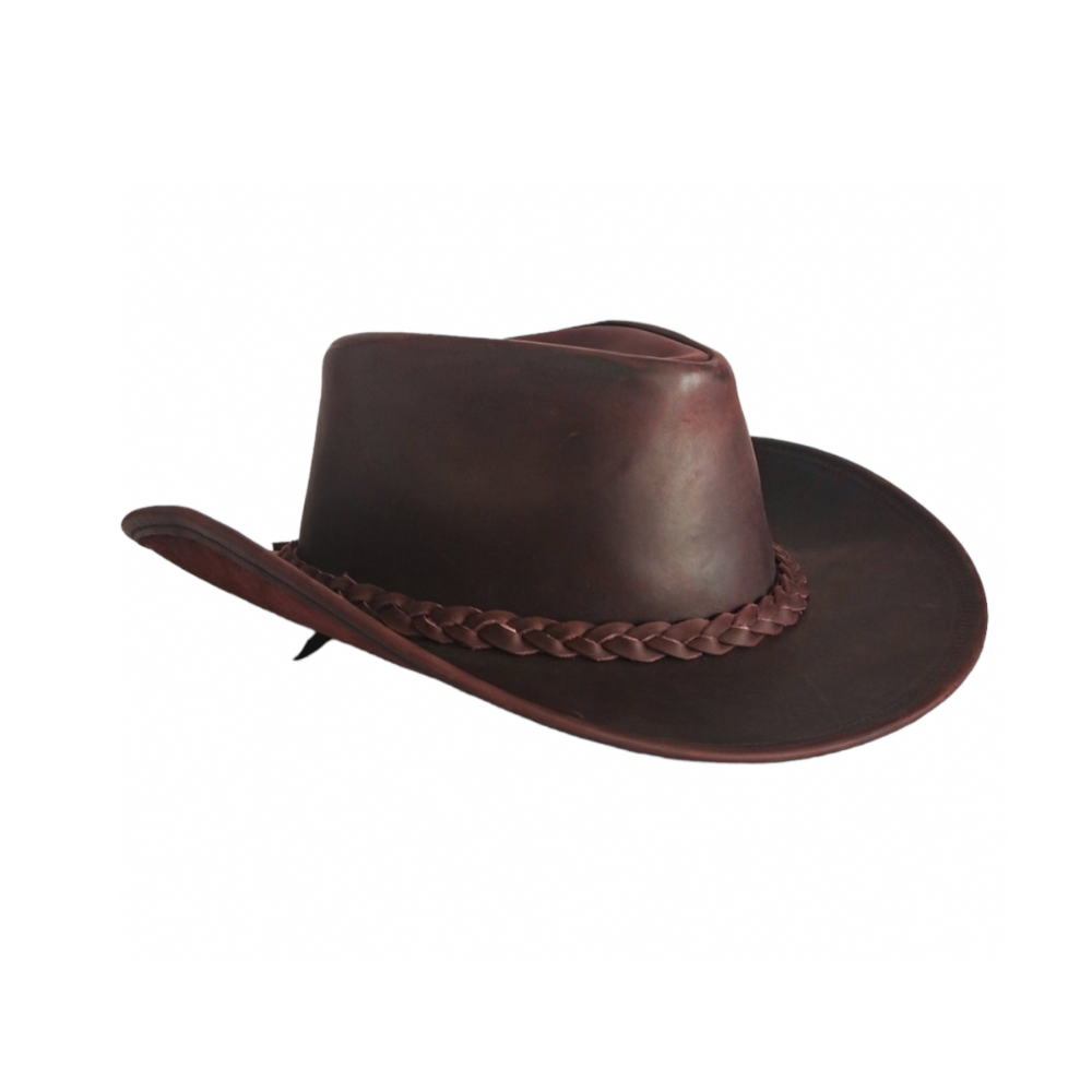 Brown leather cowboy hat with braided band on a white background